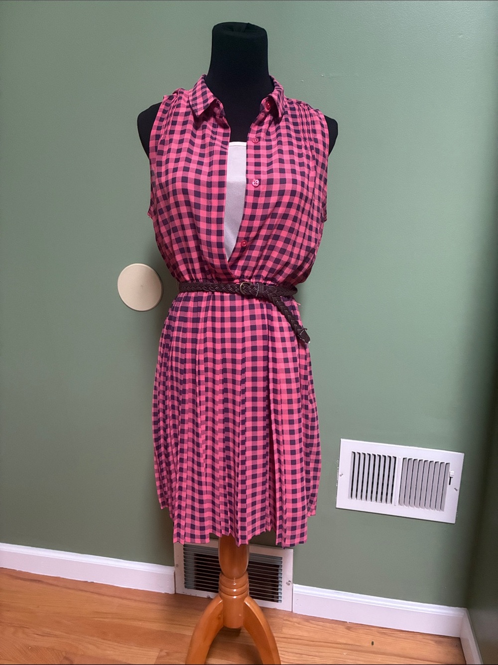 American Rag Pink and Black Gingham Sleeveless Shirt Dress